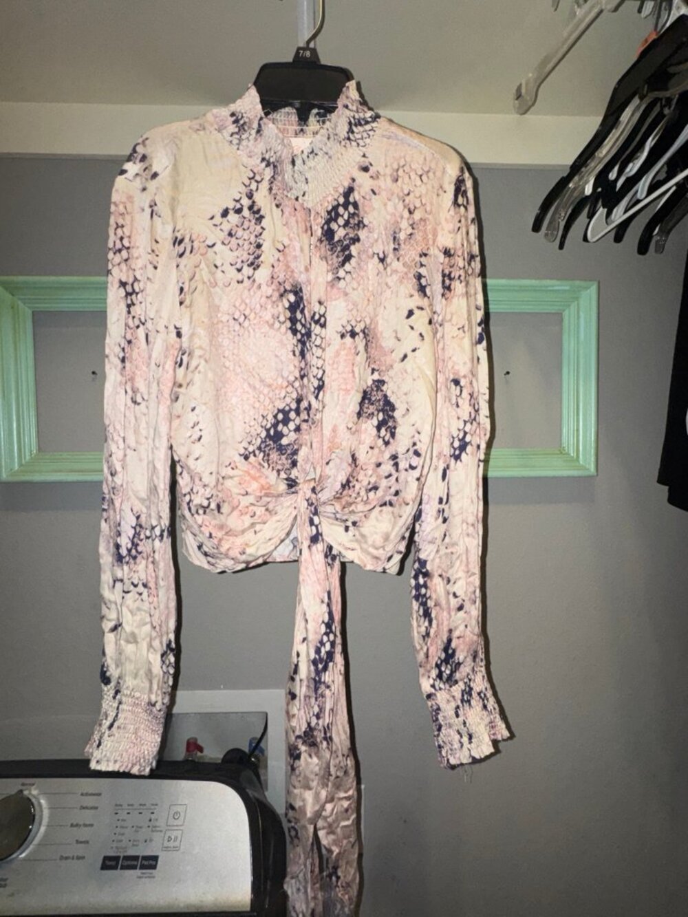 Blush Boutique Pink Snake Print Smocked Tie Front Blouse